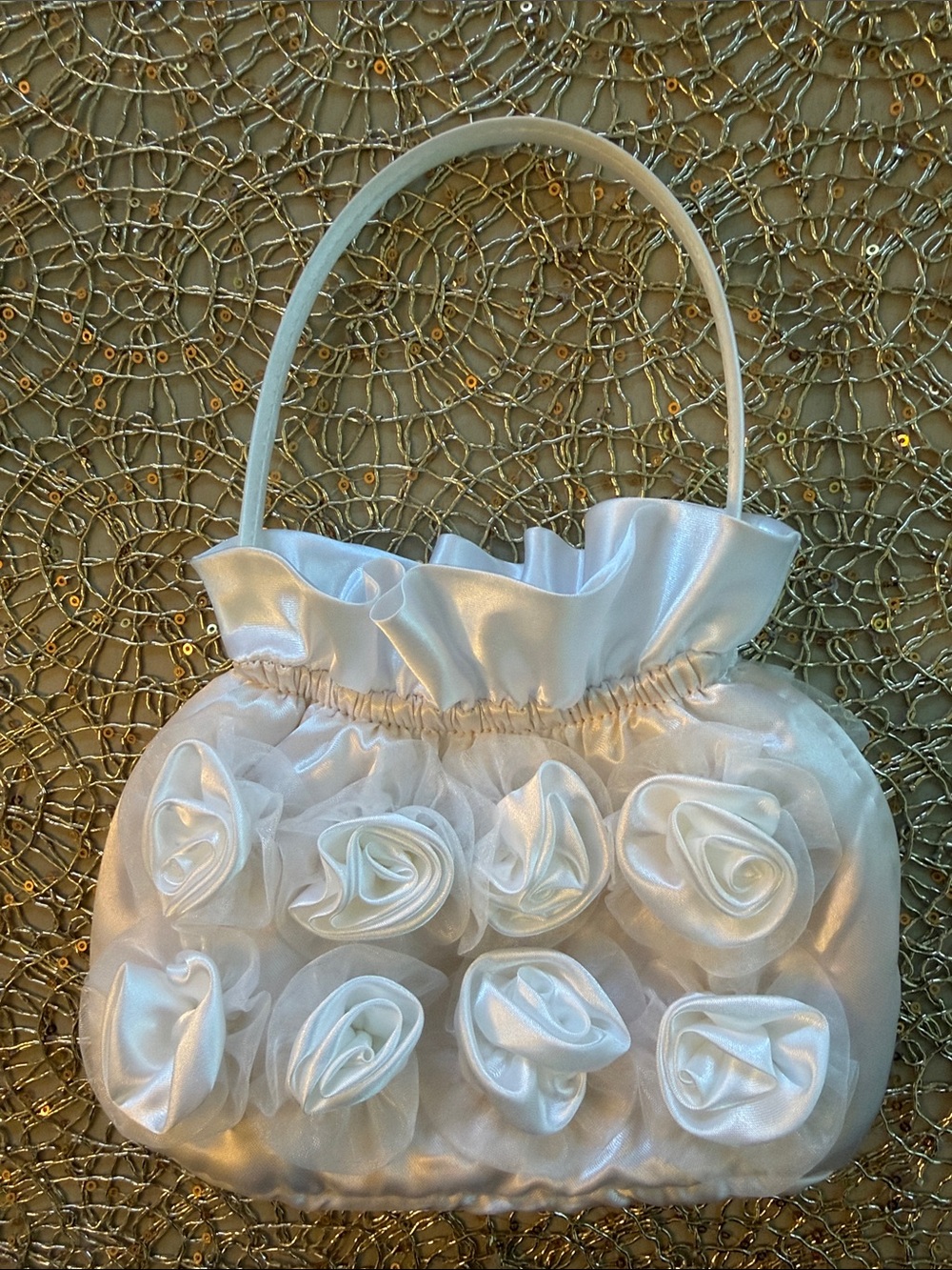 White Satin Floral Rosette Purse for Girls
